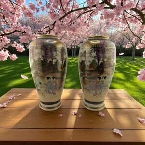 Antique Japanese Satsuma Mejii Period(late 1800-1912) Pair of 7.5" Vases Signed